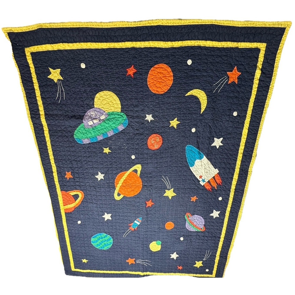 Vintage Space Quilt Twin Size 82x61.5 Rocket Planet‎ Solar System Kids Blanket